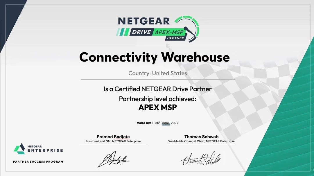 NETGEAR DRIVE APEX MSP partner certificate awarded to Connectivity Warehouse, valid until June 30, 2027